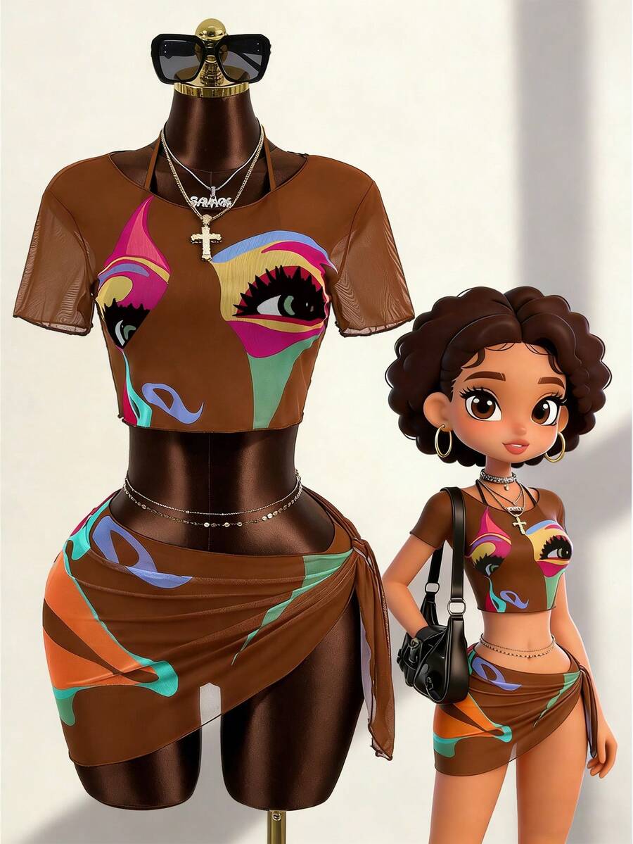 2026新款复古人脸印花性感网纱四件套比基尼 - 彩色 - 查看 1