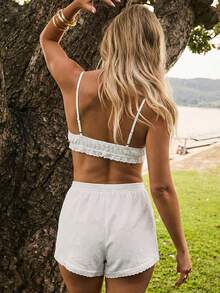 Aralina Summer Beach Vacation Resort Gingham Bralette And Short Set Wirh Lace Trim Country Concert Outfit, Country, Country Outfits Women Fall Stockholm Style - White - View 10