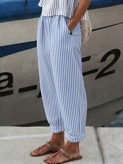 Linhara CURVE Plus Size Women Vacation Casual Elastic Waist Striped Pants With Pockets Belt For Casual And Versatile Look Casual Daily Wear,Summer Vacation Pant,Blue & White Striped Pant Light Blue Baggy
