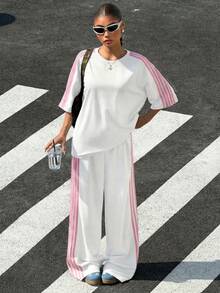 Muchica Conjunto informal de 2 piezas con tirantes trenzados vintage marrón y diseño de parches para mujer, nuevo para el verano - Blanco - Ver 6