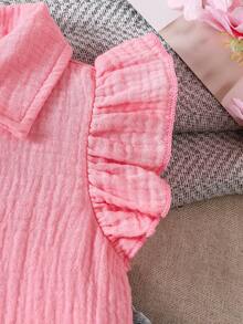 SHEIN 2pcs/Set Pakaian Bayi Perempuan Gaya Kasual Musim Semi & Musim Panas, Atasan Katun Murni & Celana Panjang Denim Bordir Bentuk Hati - Baby Pink - View 6