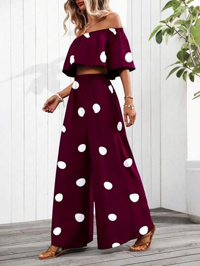 EMERY ROSE Women's Vacation One-Shoulder Polka Dot Print Blouse And Wide-Leg Pants 2-Piece Set (Floral Pattern Randomly Cut)