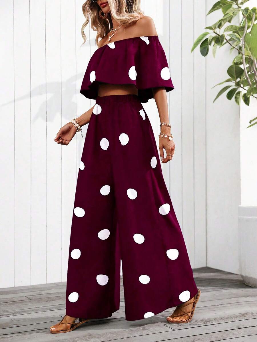 EMERY ROSE Women's Vacation Off-Shoulder Polka Dot Print Top And Wide-Leg Pants 2-Piece Set (Floral Pattern Randomly Cut) - Burgundy - View 1