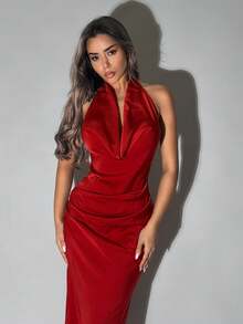 SHEIN ICON 性感深V领镶钻链条装饰露背连衣裙 - Fiery Red - 查看 4