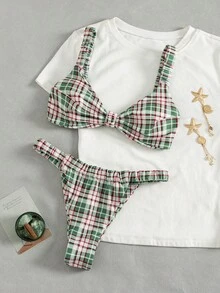 Bộ bikini hai mảnh buộc cổ màu xanh lá cây và đỏ kẻ caro mới, thích hợp cho kỳ nghỉ biển, mùa xuân/hè. - Nhiều màu - Xem 6