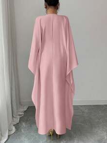 SHEIN Elenzya 金色滚边装饰，优雅收腰，舒适精致的中长连衣裙，女士款 - 粉色 - 查看 2