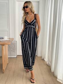 SHEIN LUNE Bộ jumpsuit nữ kiểu dáng thường ngày viền ren, thích hợp cho kỳ nghỉ hè, đi làm, mặc hàng ngày, không tay, có dây đeo. - Đen và trắng - Xem 5