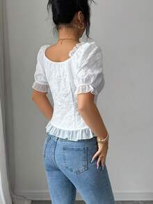 SHEIN Elenzya Women's Elegant Commuter Jacquard Contrast Mesh Blouse, Summer - White - View 2