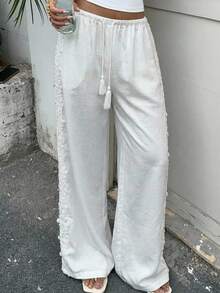 SHEIN EZwear 女士休闲阔腿裤，纯白色 - 白色 - 查看 11