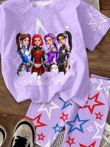 SHEIN 2件套少女休闲时尚彩色韩流女团字母星星印花套装，KPOP风格紫色圆领短袖T恤和短裤，适合夏季穿着 - 彩色 - 查看 6