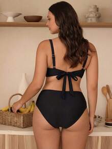 Swim Chiccia 2026 New Elegant Metal Decor Solid Color Adjustable Strap Swimwear Set, Chic Beach Holiday Outfit For Plus Size - Black - View 6