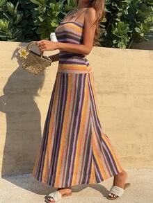 DAZY Summer Holiday Party Outfit Brown Spaghetti Strap Striped Fitted Mid-Length Dress For Women - Coffee Brown - View 6