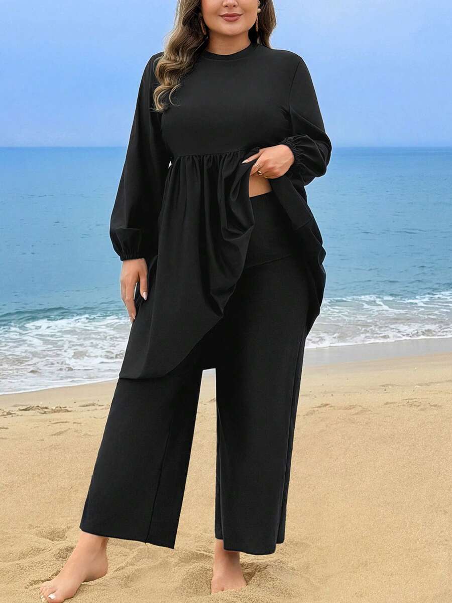 Swim Mulvari Plus Size Black Loose Sleeve & Pants Burkini Set, Suitable For Beach Vacation In Middle East Modest Alt - Black - View 1