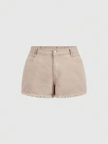 Sweetra Quần short denim kaki dáng rộng, đa năng dành cho nữ cỡ lớn. - Màu Khaki - Xem 1