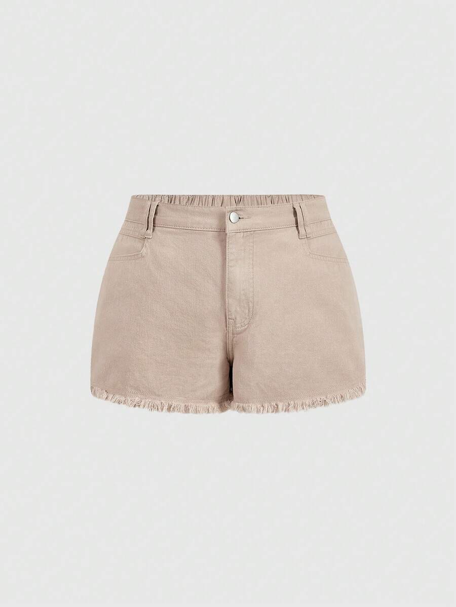 Sweetra Quần short denim kaki dáng rộng, đa năng dành cho nữ cỡ lớn. - Màu Khaki - Xem 1