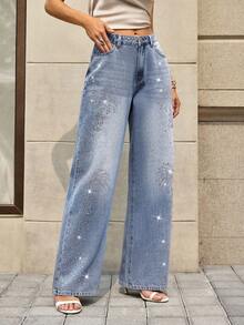 Jeans anchos casuales sueltos con adornos de diamante de imitación para mujer - Azul lavado medio - Ver 4