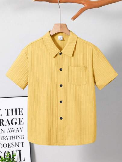 SHEIN Tween Boy Solid Color Short Sleeve Single-Breasted Pocket Woven Shirt