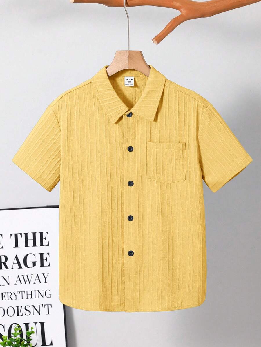 SHEIN 男童纯色短袖单排扣口袋梭织衬衫 - 黃色 - 查看 1