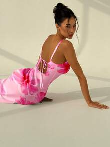 Aloruh Vacation Spaghetti Strap Tie-Up Bodycon Printed Dress For Women, Spring/Summer,Pink Dress - Pink - View 5