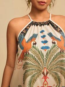 Travachic Plus Size Tropical Print Halter Neck Casual Dress - Multicolor - View 8