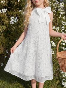 Tween Girls Elegant Floral Pattern Mesh Sequin Dress, Sleeveless Bowknot A-Line Suitable For Party, Wedding, Flower Girl - White - View 5