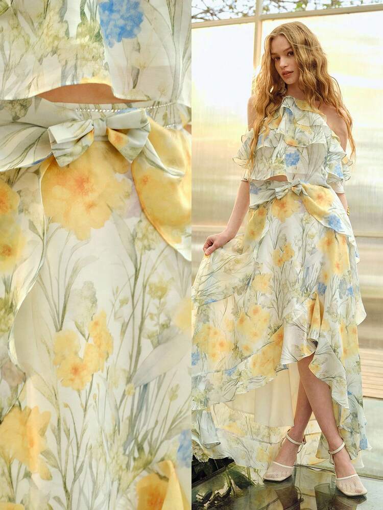 WOMEN'S FLORAL PRINT ASYMMETRICAL RUFFLE HEM MAXI SKIRT, ROMANTIC STYLE, SPRING/SUMMER