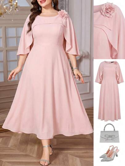 Ellevyn Plus Size Women's Round Neck 3D Floral Decor Elegant Waist Cinched Party Dress