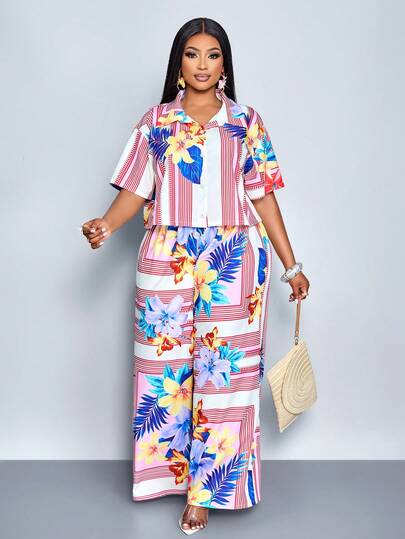 SOLERSUN Plus-Size Women's Spring/Summer Retro Tropical Floral Print Two Pieces Set. The Set Includes A Short-Sleeved Button-Down Blouse And A Pair Of Loose-Fitting Wide-Leg Trousers. This Casual And Comfortable Two Pieces Set Is Perfect For Shopping, Dates, St. Patrick's Day, Easter, Music Festivals, Shamrock-Themed Events, Street Style, Beach Vacations, Picnics, And Daily Commutes. Stylish And Versatile, Perfect For Summer Vacations And Holiday Getaways.