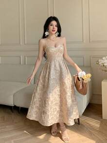 YkhahaYkhahaCelisse Vestido midi de camisola de jacquard, falda acampanada con cintura ceñida, vestido elegante y estilizador de estilo vintage para citas y eventos formalesYkhahaYkhaha - Rosa vieja - Ver 3