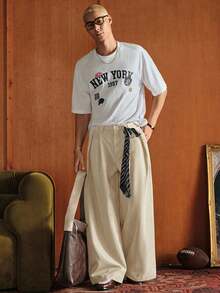 SWAVVY 男士纯色褶裥阔腿宽松休闲西装裤 - 卡其色 - 查看 3