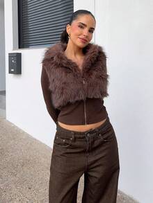 Marta Soriano Chaqueta de estilo callejero de moda con mangas largas y cremallera de piel sintética para mujeres - Marrón - Ver 4
