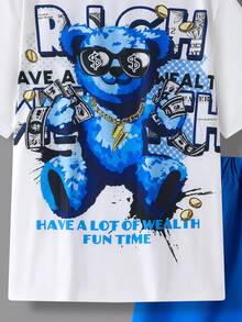 SHEIN Leap Crew Teen Boy Casual Bear & English Graffiti Áo thun ngắn tay in họa tiết có túi quần short Bộ 2 chiếc - Nhiều màu - Xem 4