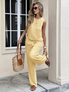 Serisse Women's Vacation Casual Solid Color Tank Top And Pants 2 Pieces Set,Work Outfits For Women,Vacation Outfits Women - Light Yellow - View 6