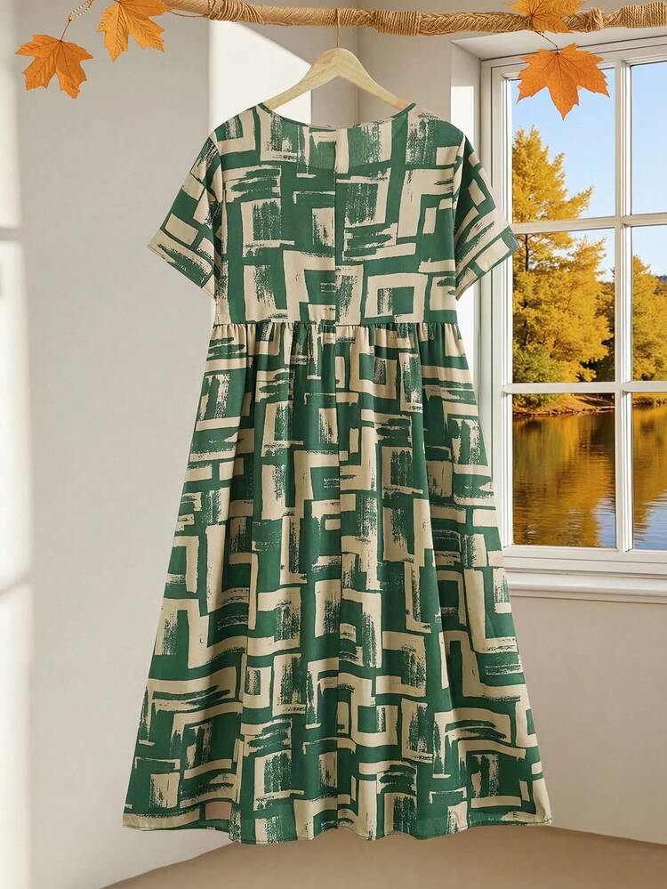 Plus Size Women Geometric Print Pleated Casual Party Dress