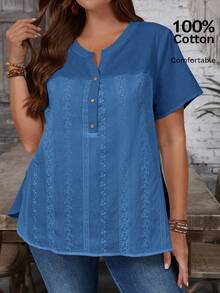 EMERY ROSE Plus Size Contrast Color Notched Neck Casual Short Sleeve Shirt - Blue - View 7