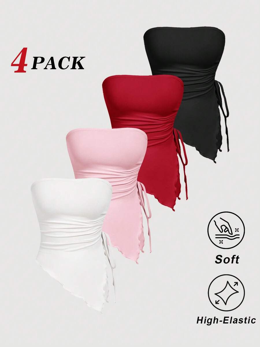 SHEIN MOD 4件組夏季甜美風夜店束胸上衣,側綁帶收腰百褶設計,復古印花抹胸上衣,女性派對穿搭 - 彩色 - 查看 1