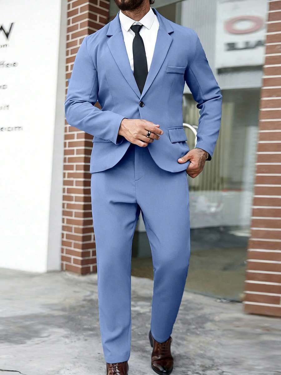 Manfinity Mode Men Plus Size Solid Color Lapel Collar Slim Fit Business Formal Suit Blazer And Pants Set, Ceremony - Blue - View 1