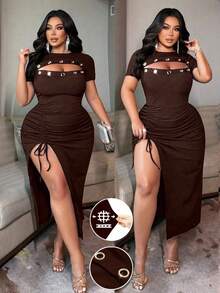 NU&NOW Plus Size Women's Brown Knitted Ribbed Dress,Hollow-Out Front Metal Eyelet,High Slit Drawstring Bodycon Midi,Sommar 70's Night Out Club Party - Brown - View 1