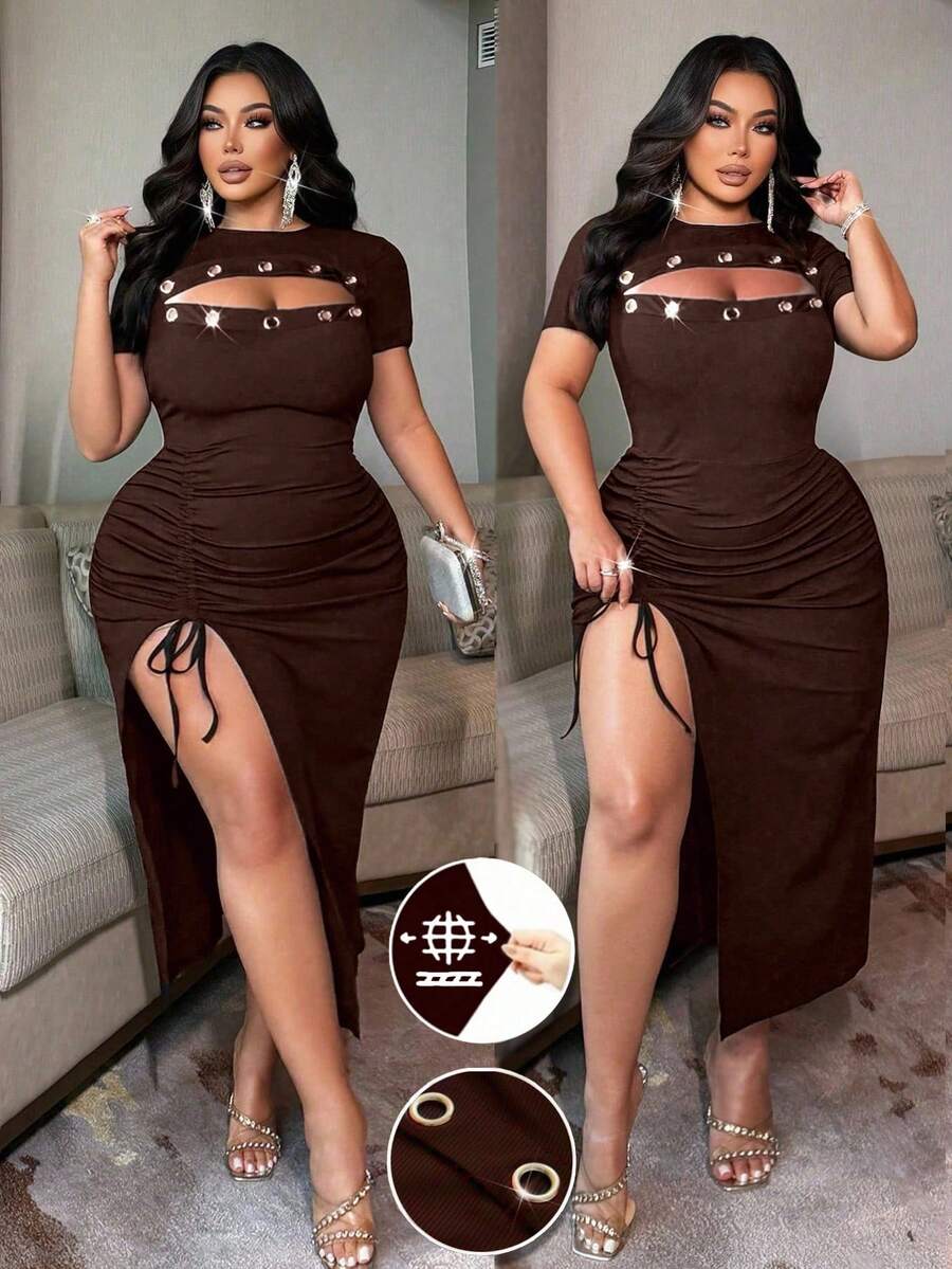NU&NOW Plus Size Women's Brown Knitted Ribbed Dress,Hollow-Out Front Metal Eyelet,High Slit Drawstring Bodycon Midi,Sommar 70's Night Out Club Party - Brown - View 1