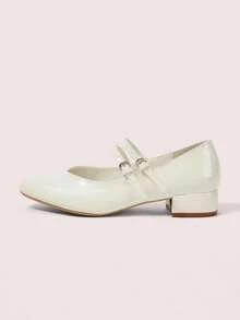 CUCCOO DOLLMOD 女士圆头玛丽珍鞋，白色亮面，低鞋面，简约学院风，可爱粗跟高跟鞋。 - 白色 - 查看 1