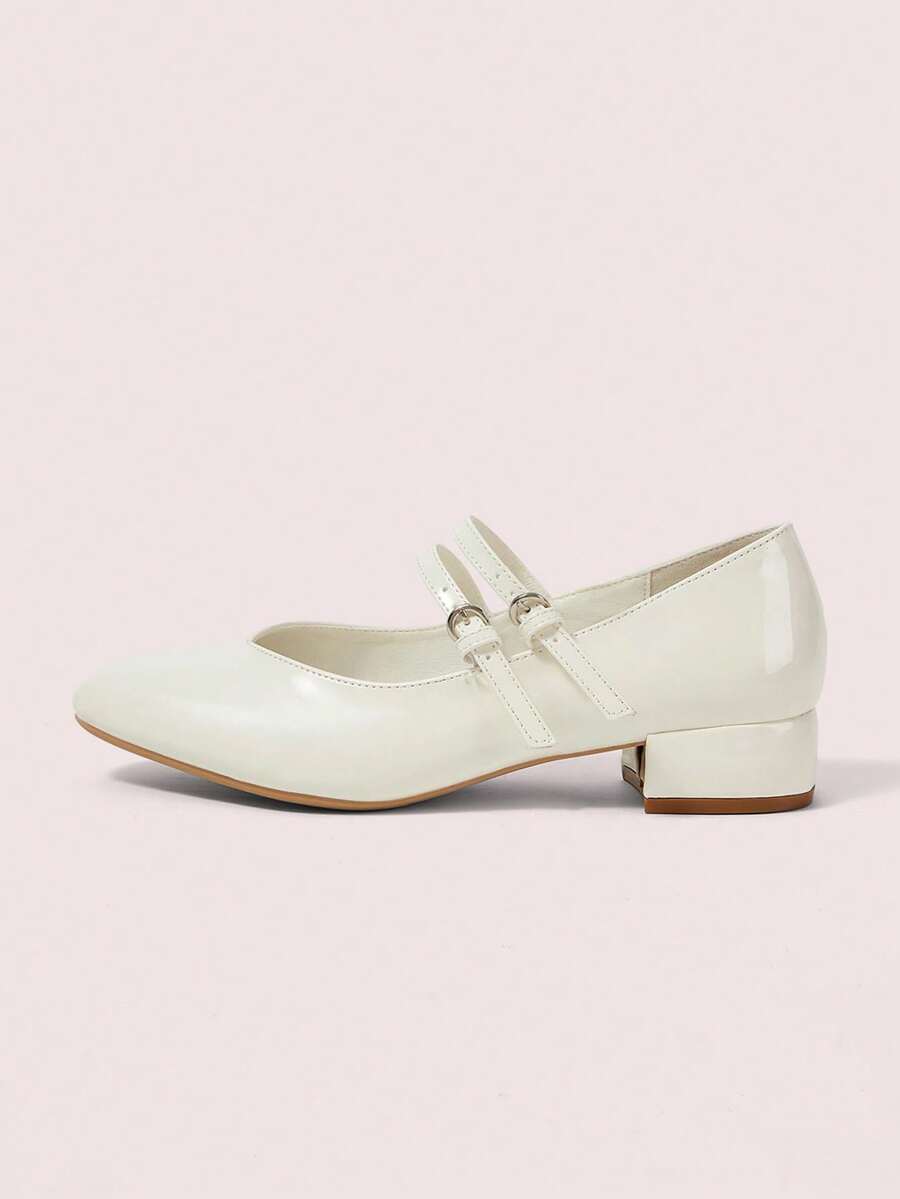 CUCCOO DOLLMOD 女士圆头玛丽珍鞋，白色亮面，低鞋面，简约学院风，可爱粗跟高跟鞋。 - 白色 - 查看 1