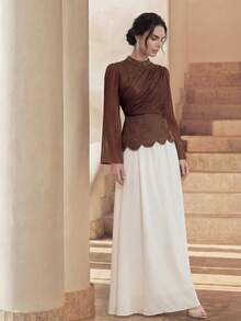 Anewsta Women's Solid Color Mandarin Collar Asymmetrical Rhinestone Embellished Flared Soft Elegant Dress - Coffee Brown - View 7