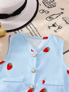 Souflis Souflis Bộ đồ 2 mảnh màu hồng ngọt ngào cho bé gái, gồm áo vest không tay cài khuy ngọc trai và chân váy xếp ly thắt nơ, phong cách thanh lịch, thích hợp cho mùa hè. - Màu xanh lam - Xem 5