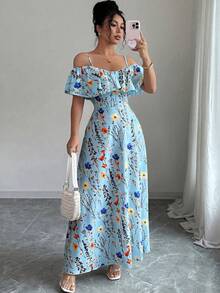 Elenzga Women's Summer Beach Holiday Tea Party Holiday Floral Print Cold Shoulder Ruffle Trim Waist Dress Light Blue Boho - Multicolor - View 3