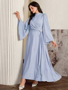 Modelyn Women Elegant Solid Color Bell Sleeve Arabic Dress, Autumn Long Evening Dresses - Blue - View 5