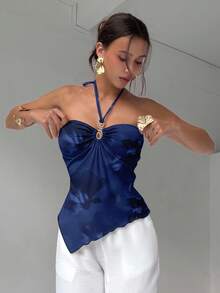 Aloruh 女士夏季纯色褶皱不对称下摆时尚吊带背心 - 藏蓝色 - 查看 3