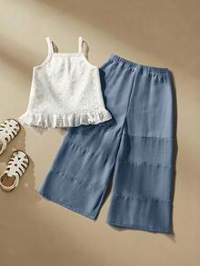 SHEIN 女童（小号）吊带背心套装，卡其色吊带背心搭配白色阔腿裤，休闲复古度假两件套 - 藍白色 - 查看 2