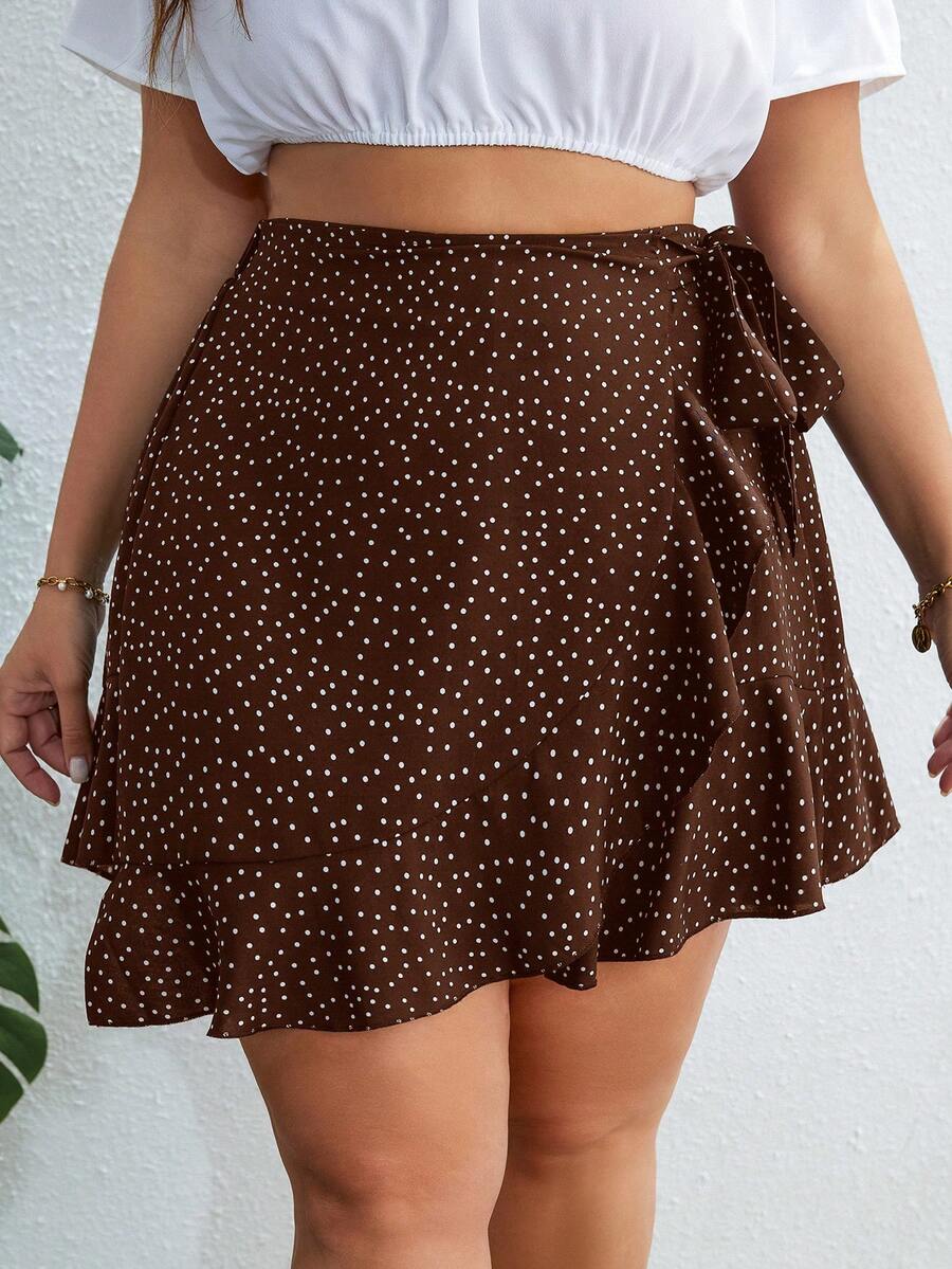 SHEIN VCAY Vestido corto de peplum con falda con dobladillo envolvente con volantes y estampado de lunares - Marrón - Ver 1