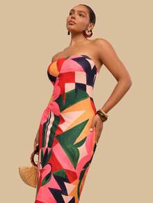 Travachic Plus Size Women's Tropical Print Strapless Dress, Stretchy Knit Long Dress For Summer Vacation - Multicolor - View 4