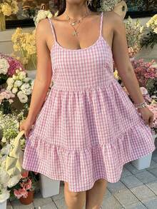 GalTyme Plus Size Pink Spaghetti Strap Backless Summer Dress - Pink - View 1